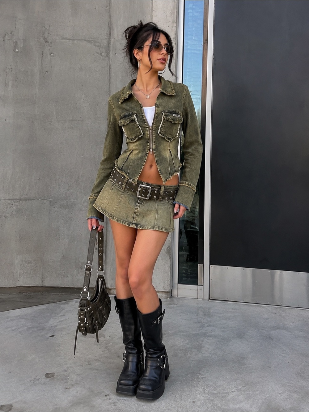 Aelfric Eden Olive Green Distressed Denim Zip Jacket